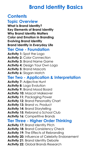 Brand Identity Basics Worksheet Activity Booklet