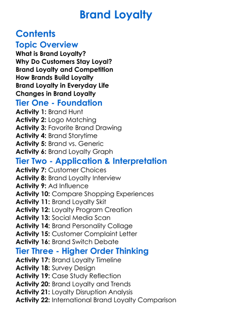 Brand Loyalty Worksheet Activity Booklet