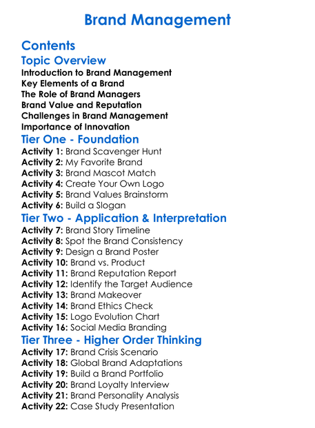 Brand Management Worksheet Activity Booklet