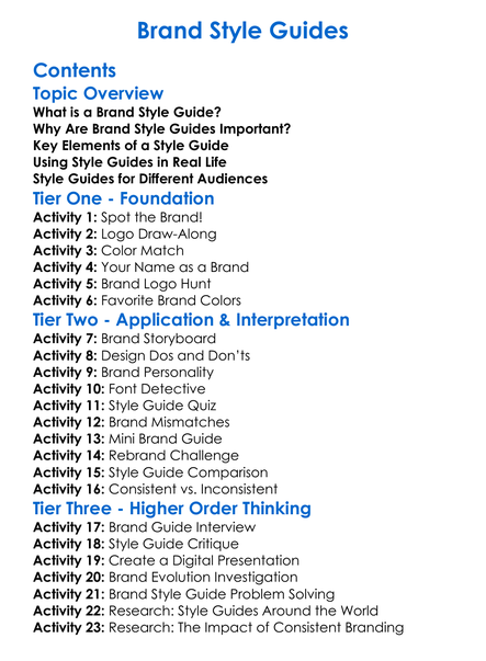 Brand Style Guides Worksheet Activity Booklet