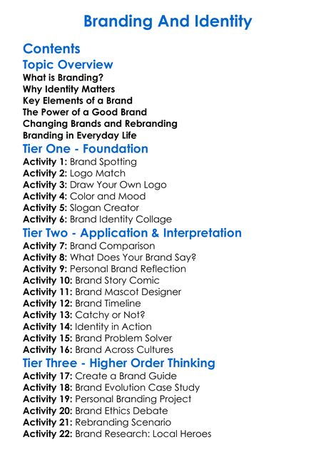 Branding And Identity Worksheet Activity Booklet