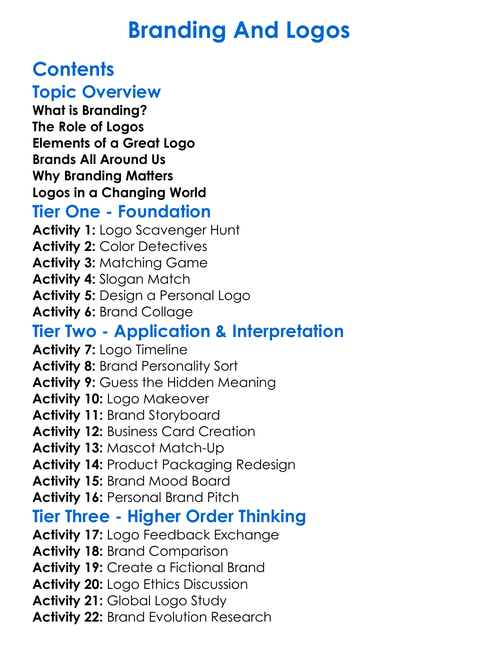 Branding And Logos Worksheet Activity Booklet