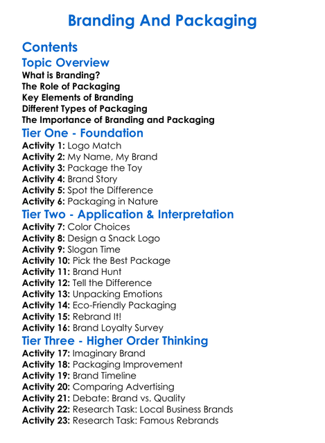 Branding And Packaging Worksheet Activity Booklet