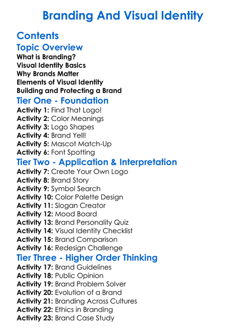Branding And Visual Identity Worksheet Activity Booklet