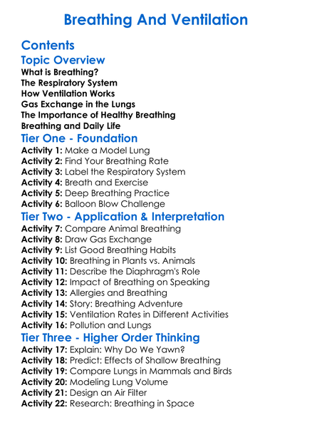 Breathing And Ventilation Worksheet Activity Booklet