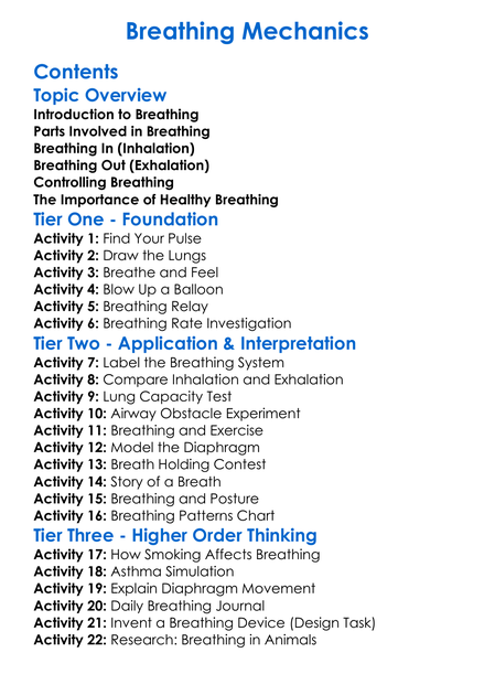 Breathing Mechanics Worksheet Activity Booklet