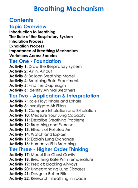 Breathing Mechanism Worksheet Activity Booklet