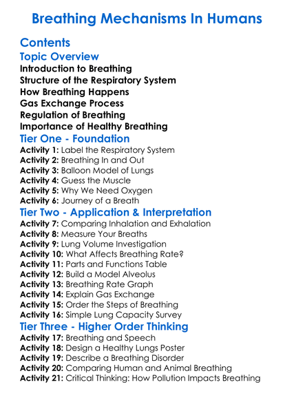 Breathing Mechanisms In Humans Worksheet Activity Booklet
