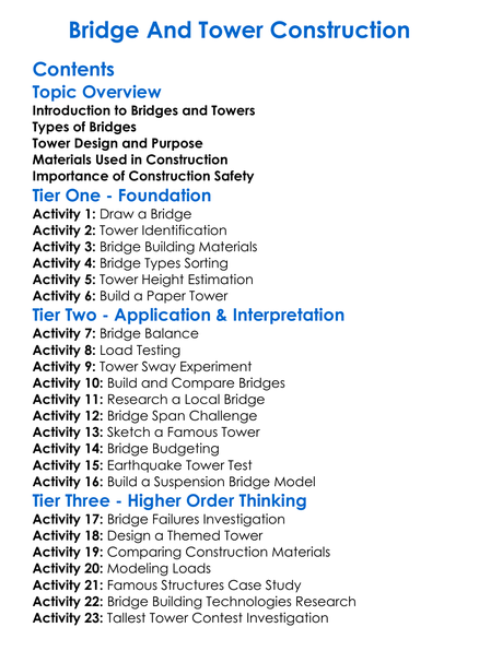 Bridge And Tower Construction Worksheet Activity Booklet