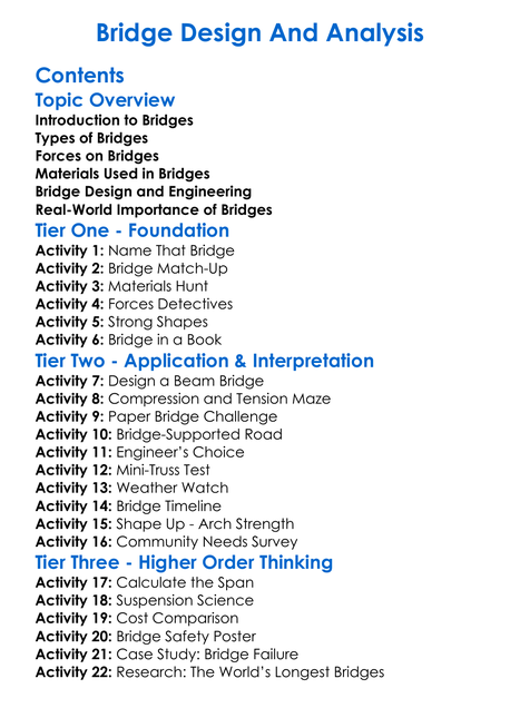 Bridge Design And Analysis Worksheet Activity Booklet
