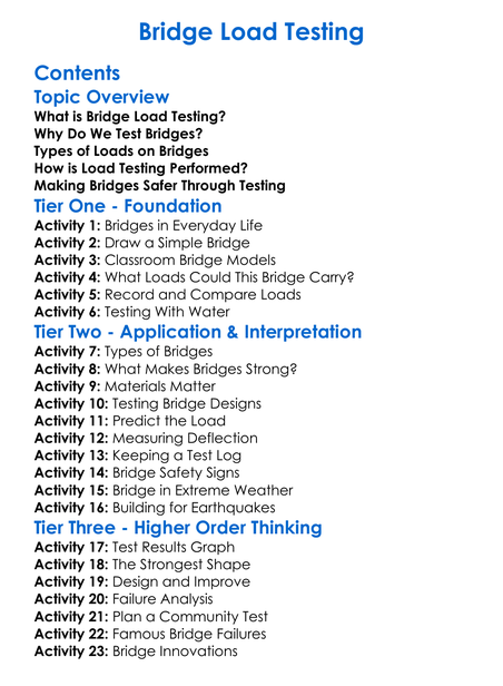 Bridge Load Testing Worksheet Activity Booklet