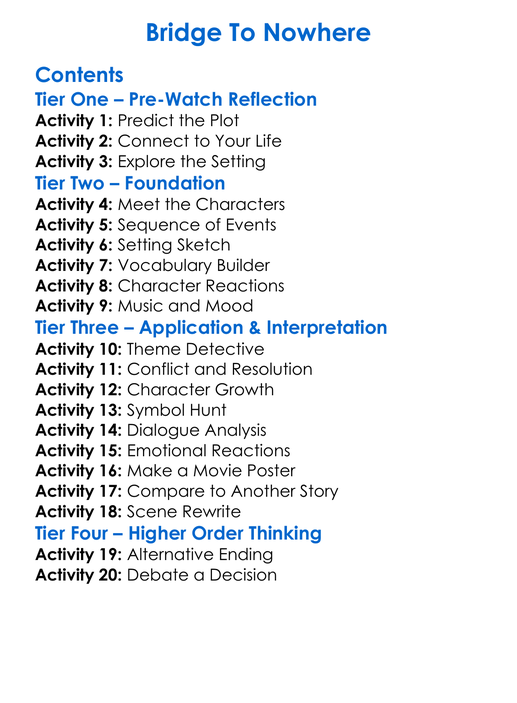 Bridge To Nowhere Worksheet Activity Booklet