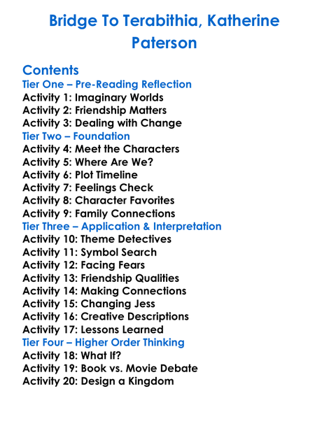 Bridge To Terabithia Katherine Paterson Worksheet Activity Booklet