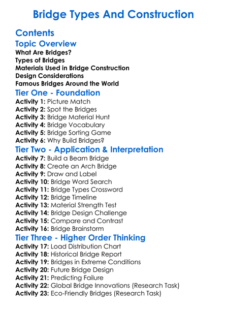 Bridge Types And Construction Worksheet Activity Booklet
