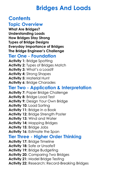 Bridges And Loads Worksheet Activity Booklet