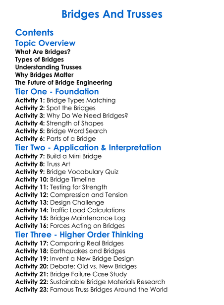 Bridges And Trusses Worksheet Activity Booklet