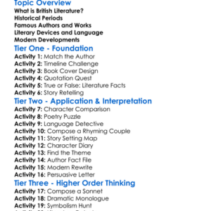 British Literature Worksheet Activity Booklet