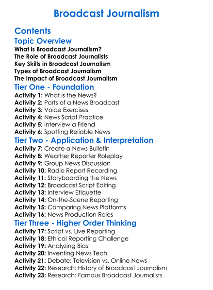 Broadcast Journalism Worksheet Activity Booklet