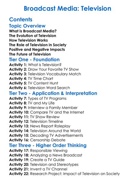 Broadcast Media Television Worksheet Activity Booklet