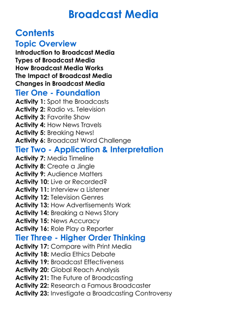 Broadcast Media Worksheet Activity Booklet
