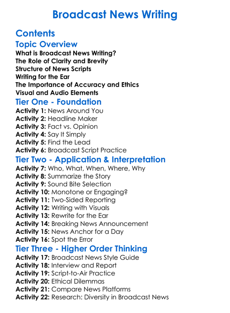 Broadcast News Writing Worksheet Activity Booklet