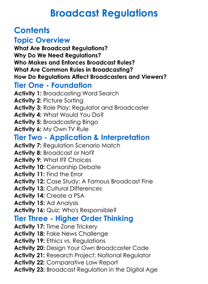 Broadcast Regulations Worksheet Activity Booklet