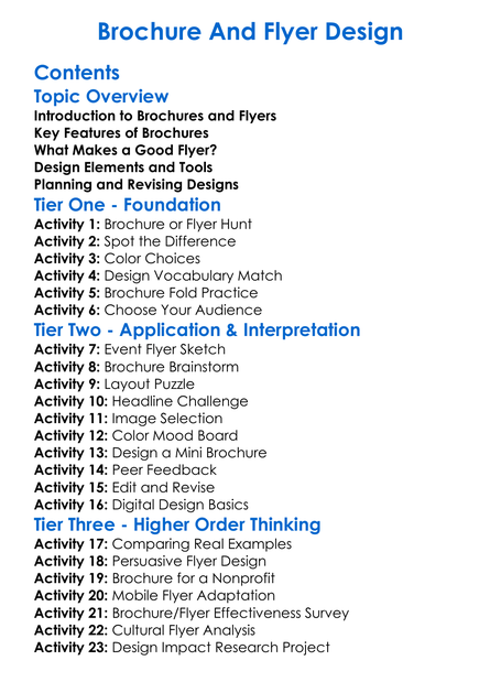 Brochure And Flyer Design Worksheet Activity Booklet