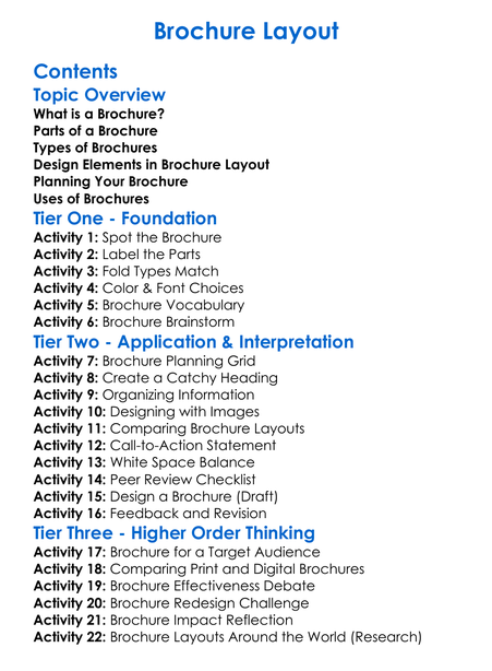 Brochure Layout Worksheet Activity Booklet