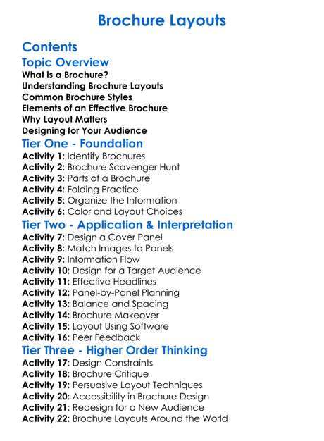 Brochure Layouts Worksheet Activity Booklet