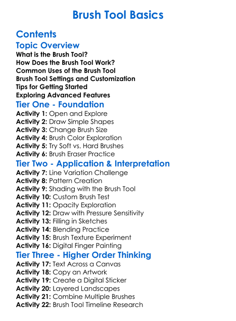 Brush Tool Basics Worksheet Activity Booklet