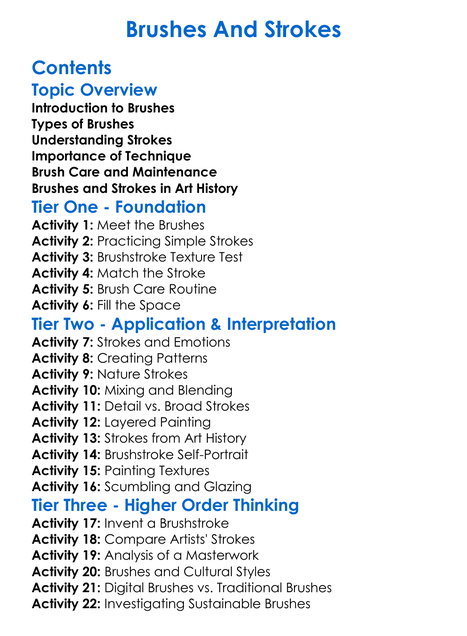 Brushes And Strokes Worksheet Activity Booklet