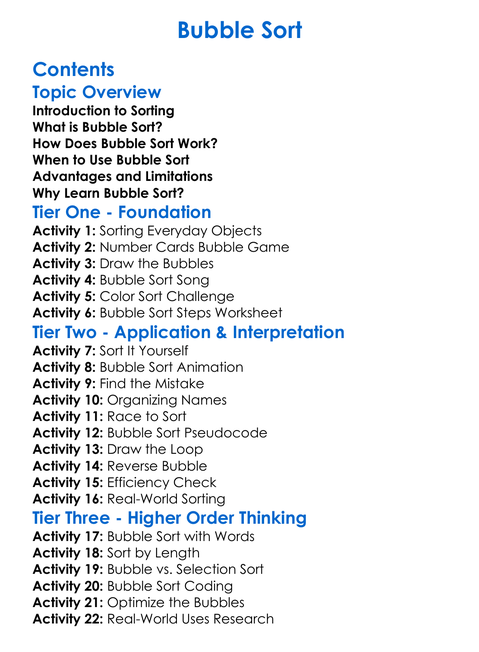 Bubble Sort Worksheet Activity Booklet