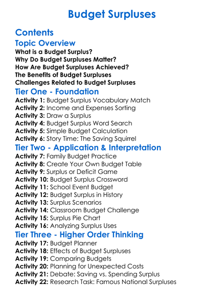 Budget Surpluses Worksheet Activity Booklet