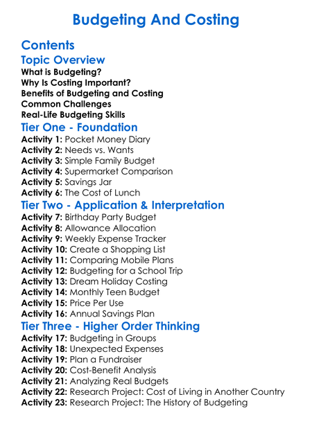 Budgeting And Costing Worksheet Activity Booklet