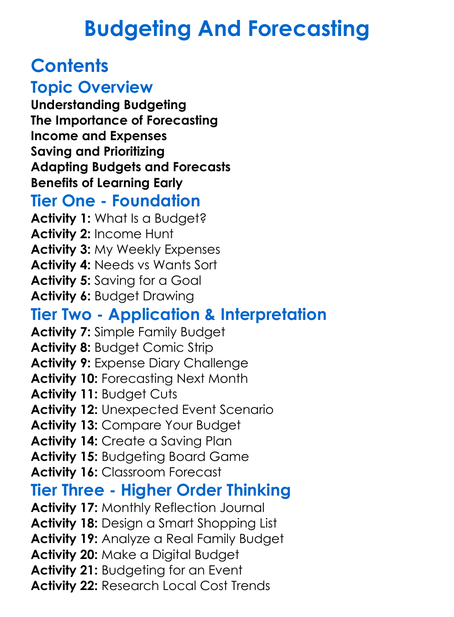 Budgeting And Forecasting Worksheet Activity Booklet