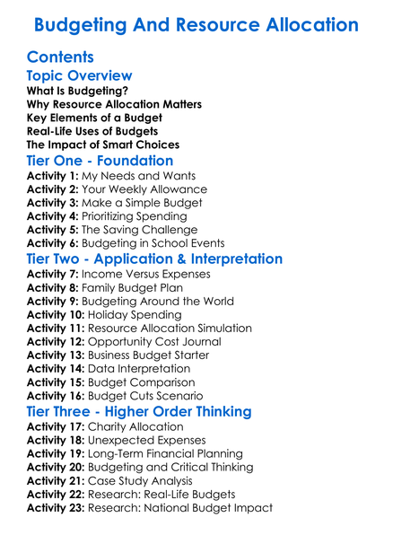 Budgeting And Resource Allocation Worksheet Activity Booklet