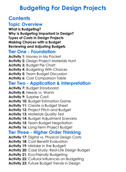 Budgeting For Design Projects Worksheet Activity Booklet