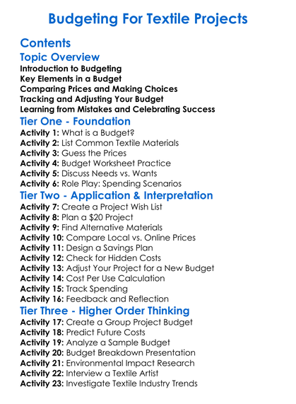 Budgeting For Textile Projects Worksheet Activity Booklet
