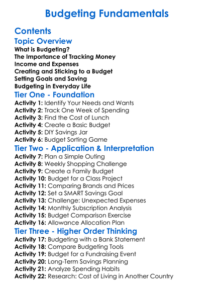 Budgeting Fundamentals Worksheet Activity Booklet