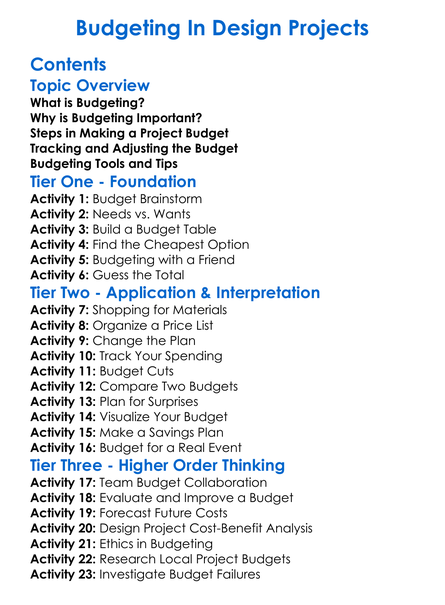 Budgeting In Design Projects Worksheet Activity Booklet