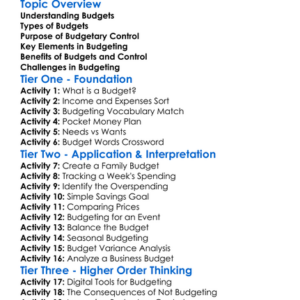 Budgets And Budgetary Control Worksheet Activity Booklet