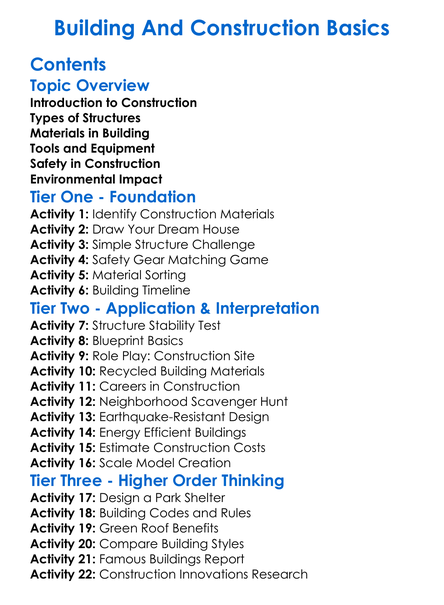 Building And Construction Basics Worksheet Activity Booklet