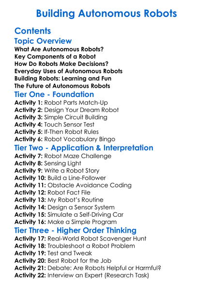 Building Autonomous Robots Worksheet Activity Booklet