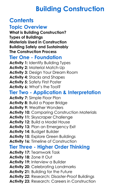 Building Construction Worksheet Activity Booklet