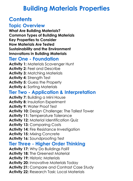 Building Materials Properties Worksheet Activity Booklet