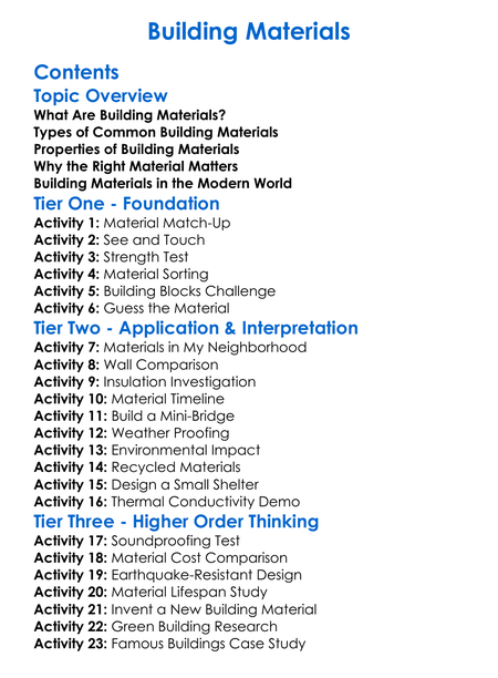 Building Materials Worksheet Activity Booklet