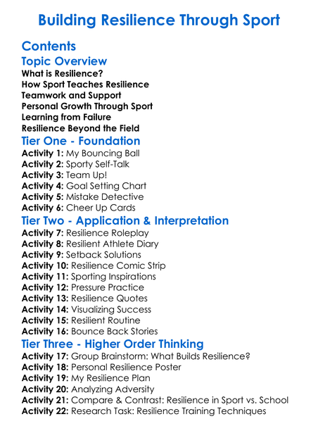 Building Resilience Through Sport Worksheet Activity Booklet