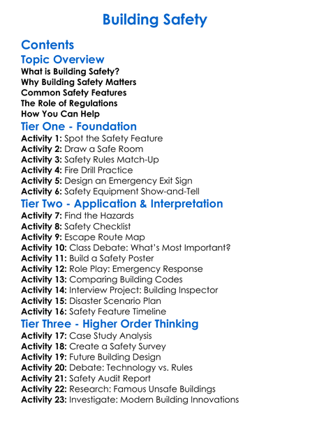 Building Safety Worksheet Activity Booklet
