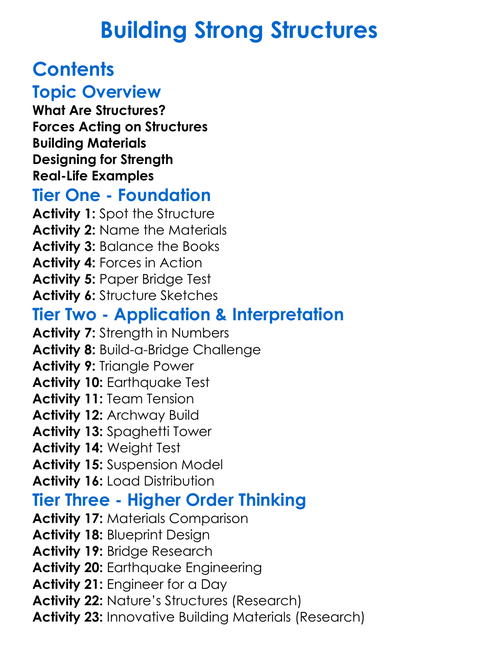 Building Strong Structures Worksheet Activity Booklet
