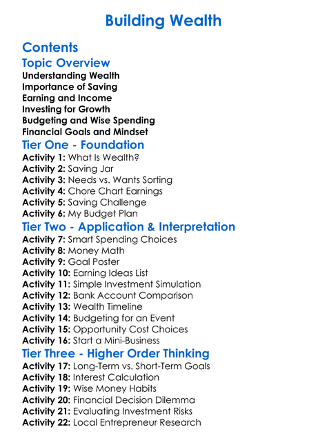 Building Wealth Worksheet Activity Booklet